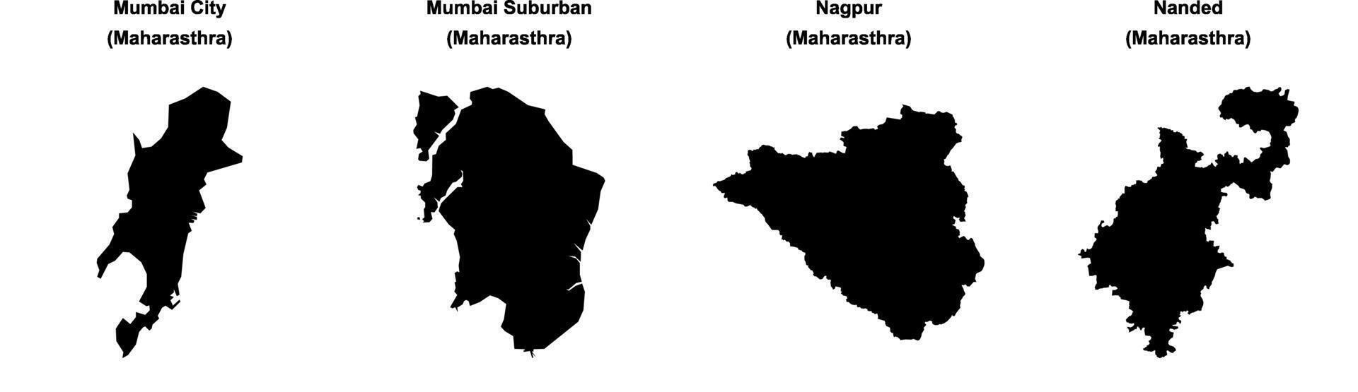 Mumbai City, Mumbai Suburban, Nagpur, Nanded outline maps vector