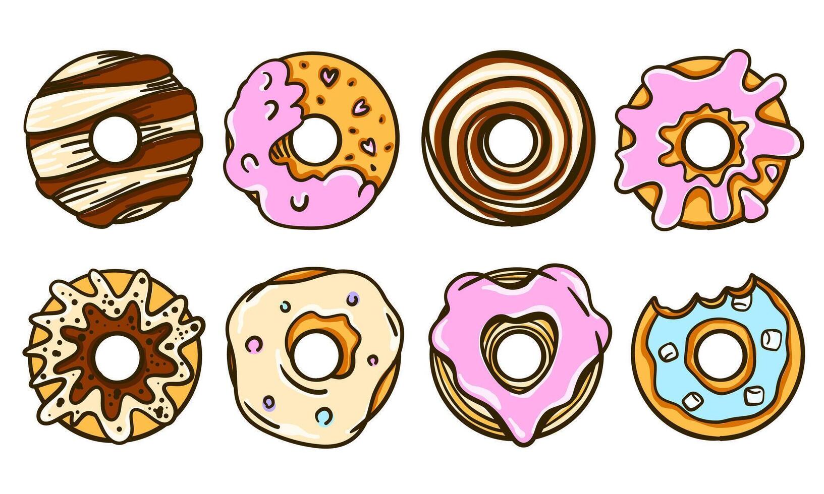 Big set of colorful donuts in glaze and chocolate. Tasty cartoon pastries with toppings. Flat illustration for cafe menu, bakery promo, food design, or dessert decoration. vector