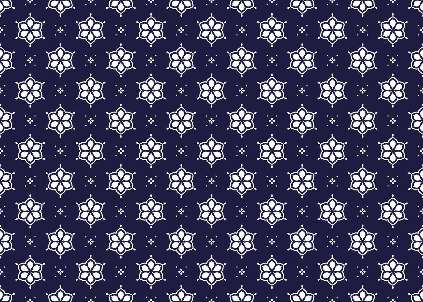 Seamless white floral blooming on dark blue background, ethnic fabric pattern, Portuguese style, design for cloth, carpet, batik. vector