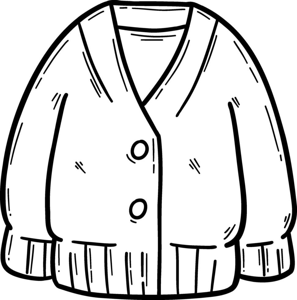 Hand drawn clothes and accessories outline doodle, Illustration of a cozy cardigan sweater with buttons. vector