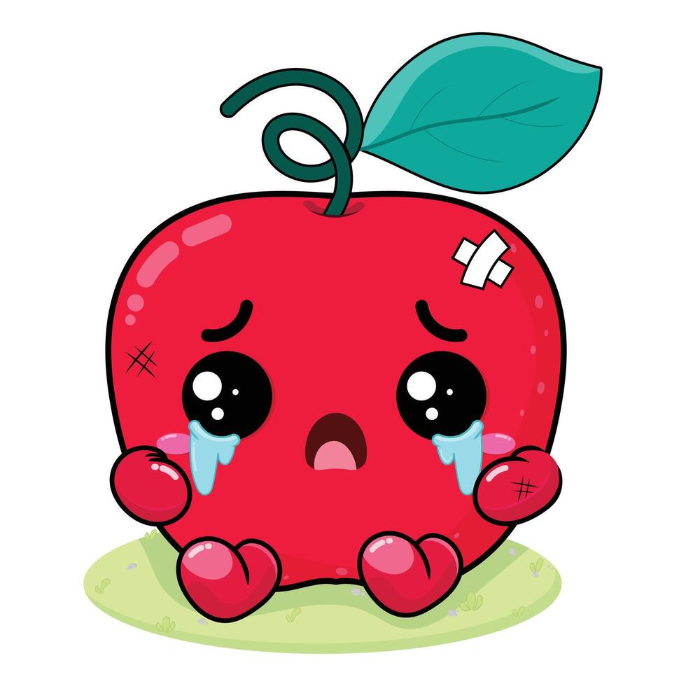Sad And Crying Apple Cartoon Character With Wound On His Body Sitting On The Green Grass vector