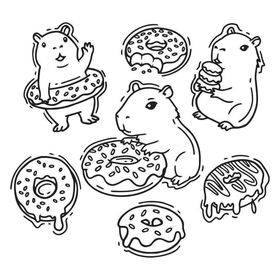 set of hand drawn doodle cartoon capybara and donuts. illustration. vector
