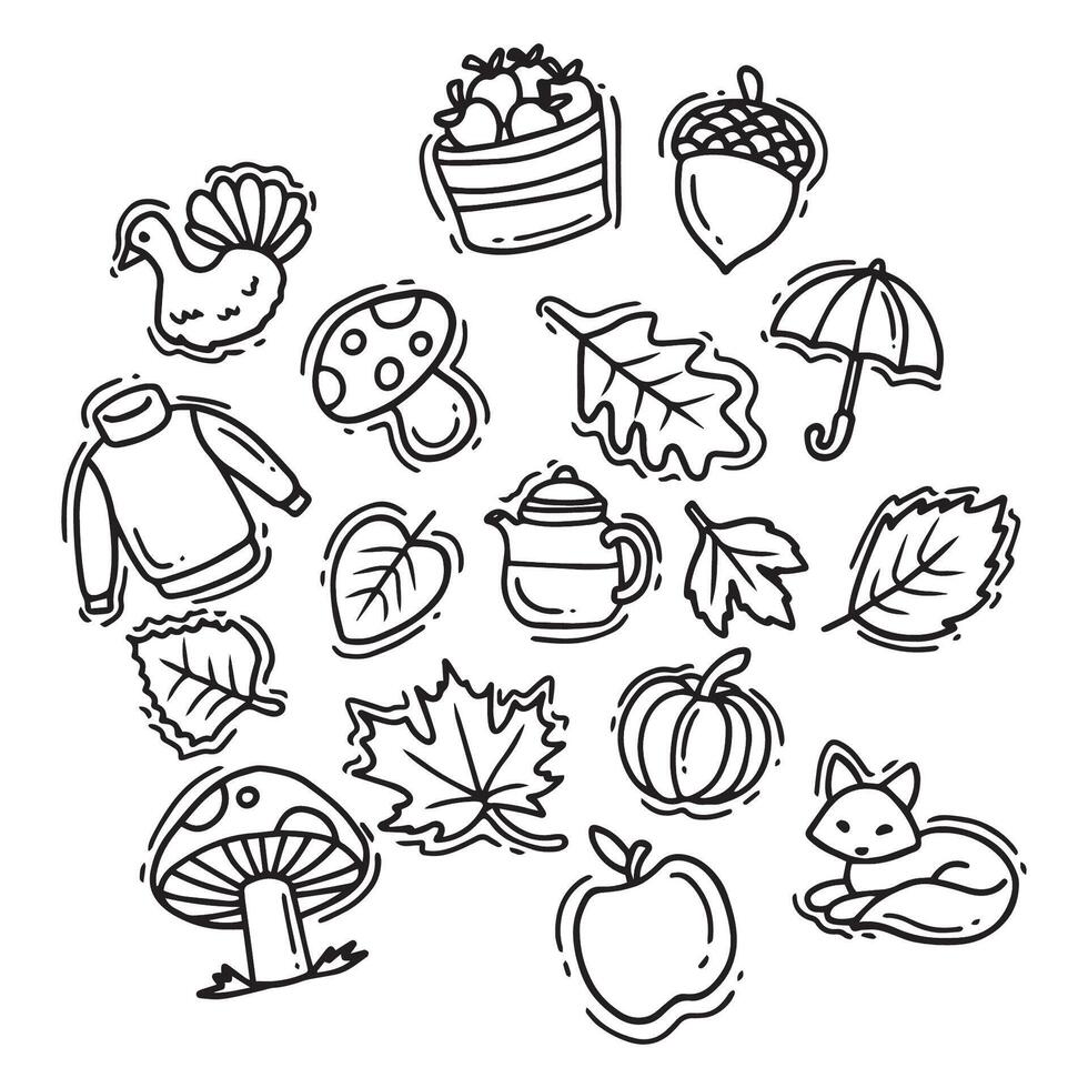 Autumn doodle icons set. Hand drawn illustration. vector