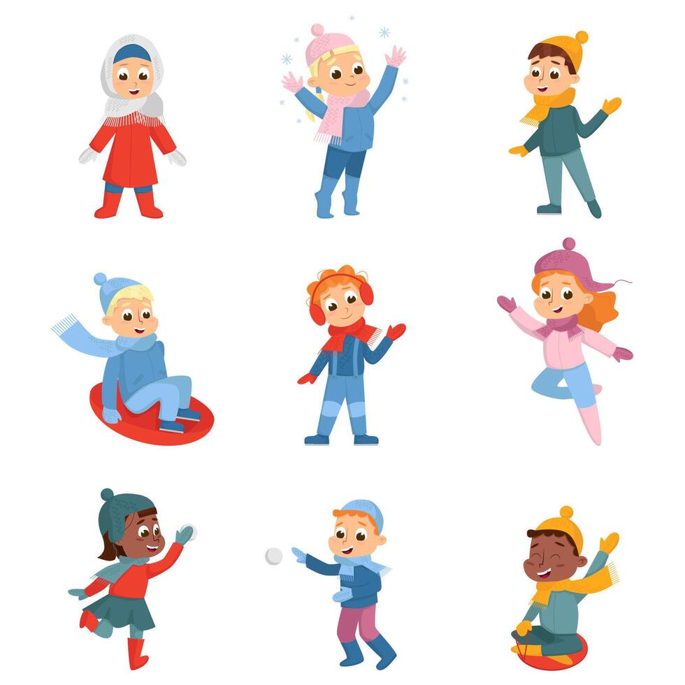 Cheerful Kids Enjoying Winter Holidays Sledging and Playing Snowball Fight Set vector
