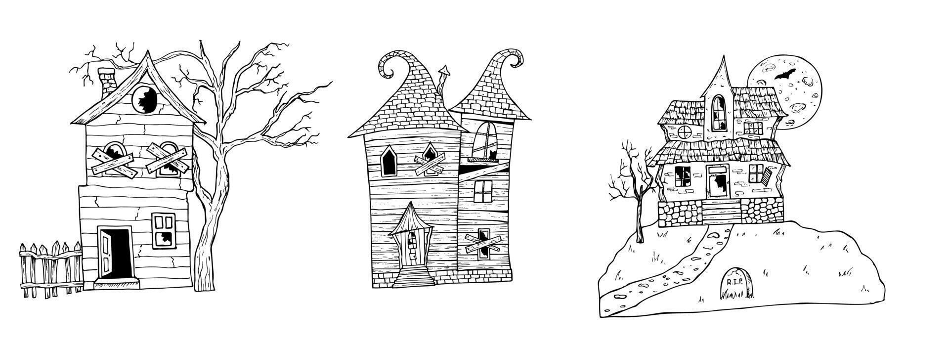 Halloween haunted houses. hand painted linear ghost castles at night, monster silhouette illustration. Mystical graphic monochrome spooky and horror bat, moon and grave isolated on background vector