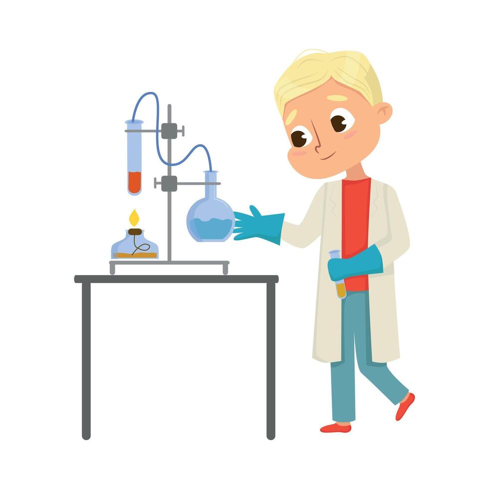 Cute Boy in Laboratory Coat Conducting Chemical Experiments in Glass Flask Illustration vector