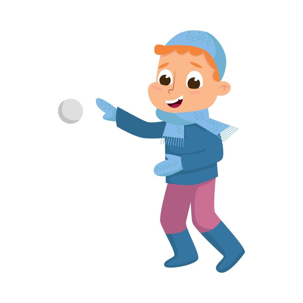 Cute Boy in Warm Hat and Knitted Mittens Playing Snowball Fight Illustration vector
