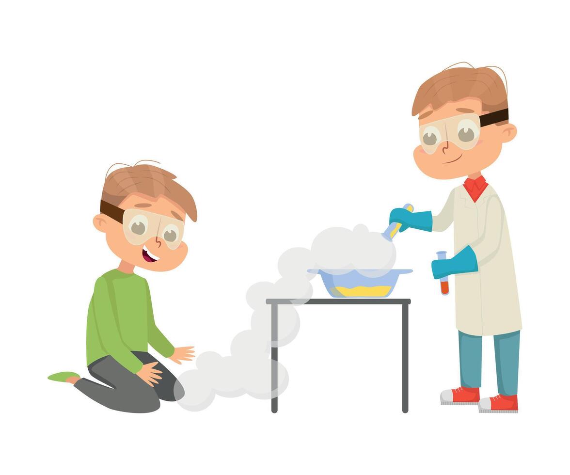 Funny Boys in Laboratory Coat Mixing Chemicals in Glass Flask Illustration vector