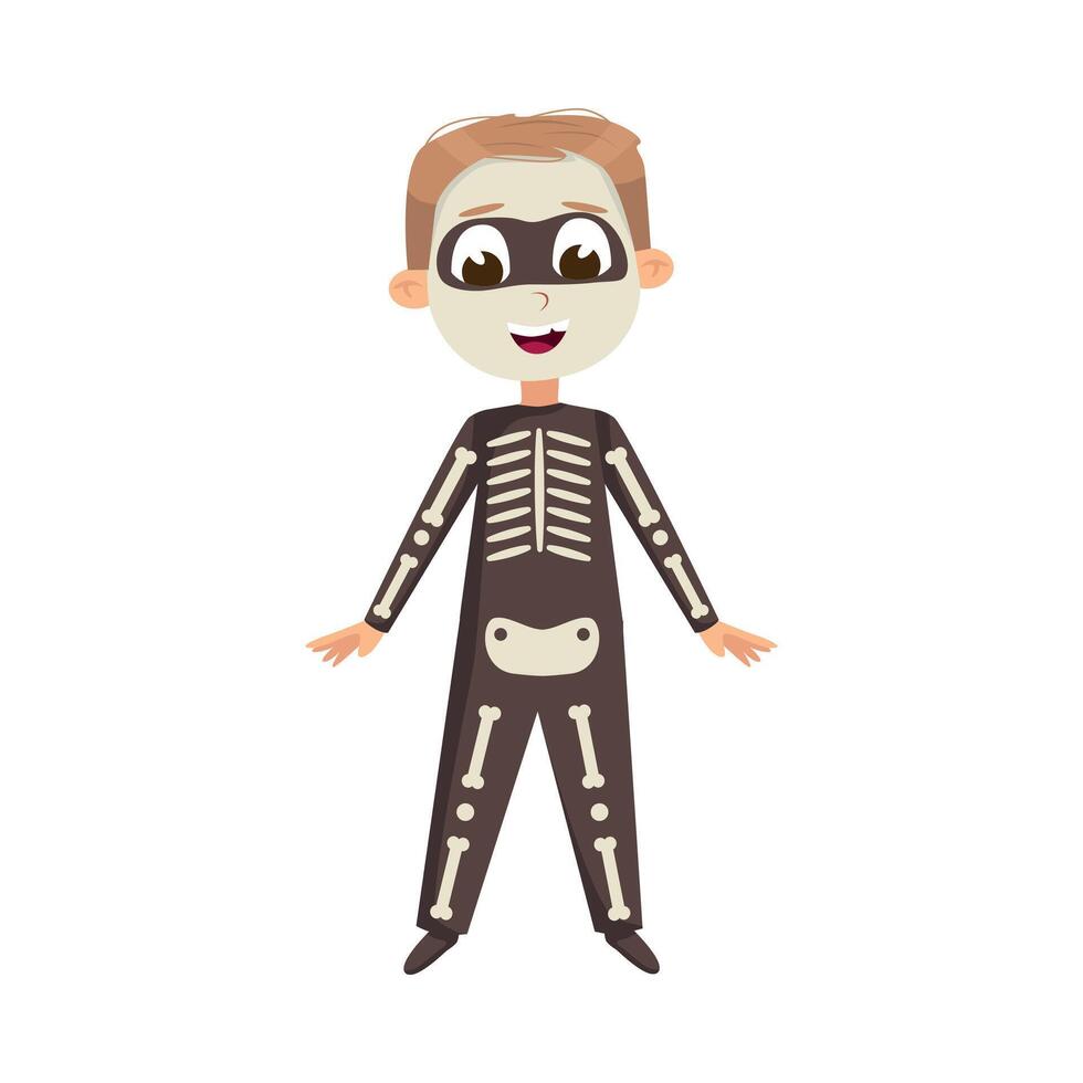 Smiling Boy Dressed in Halloween Skeleton Costume Illustration vector