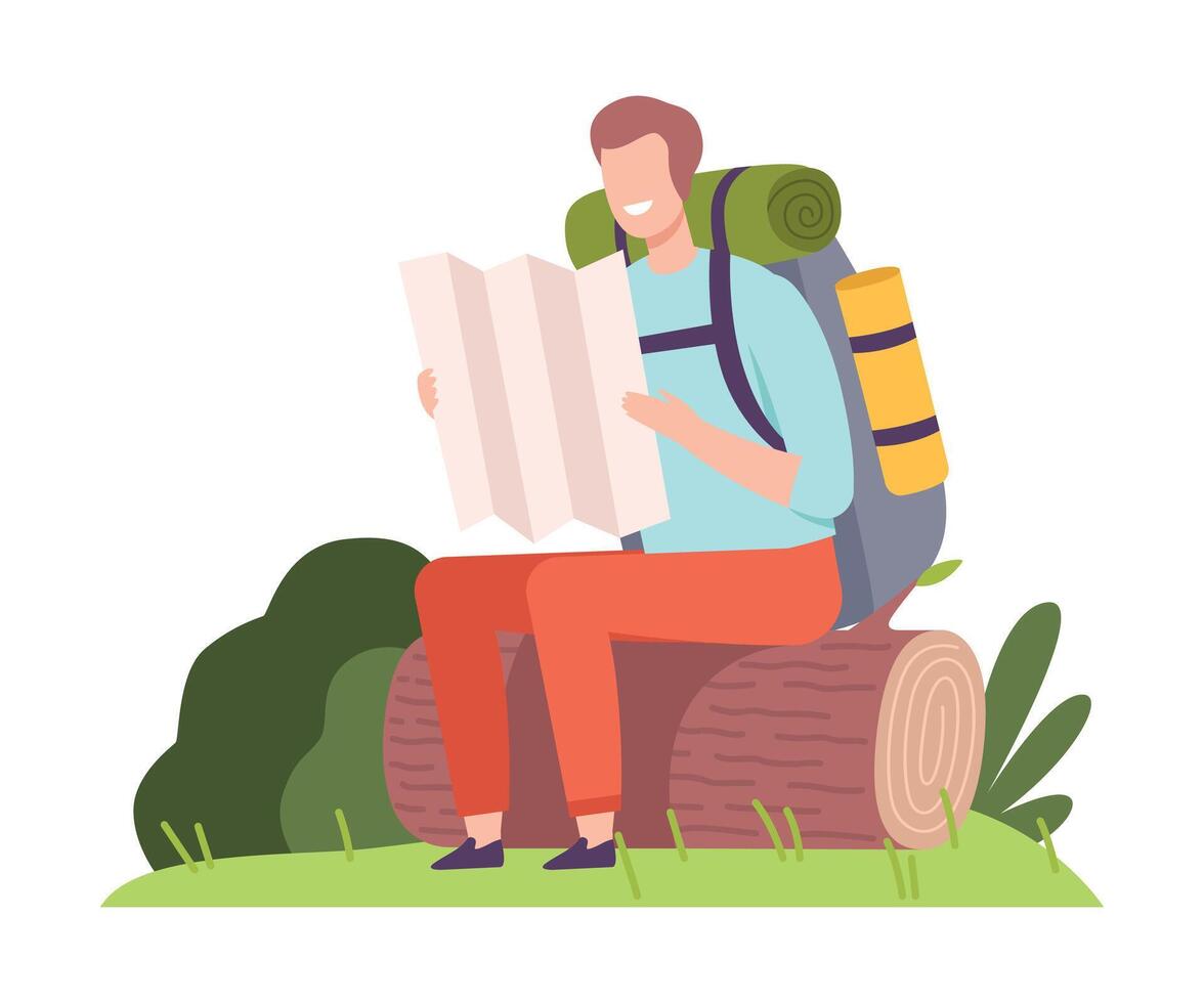 Young Man with Backpack Sitting on Log and Examining Map Illustration vector