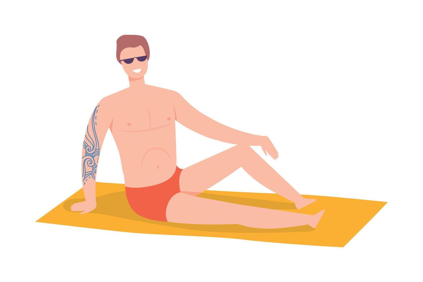 Tattooed Man in Sunglasses and Swimming Trunks Sitting on Towel at Seaside Illustration vector