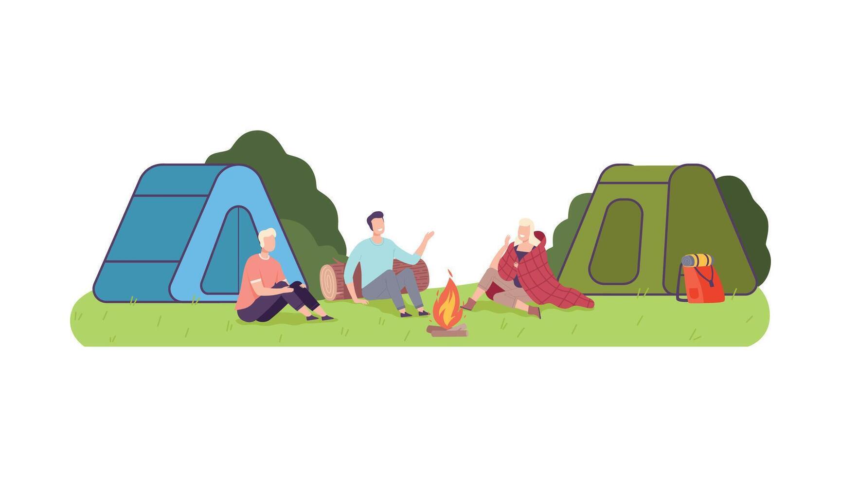 Cheerful People Characters Sitting at Campfire Laughing and Talking Illustration vector