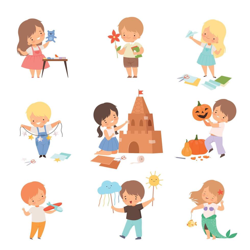 Cheerful Kids Showing Handcrafted Items and Drawing Set vector