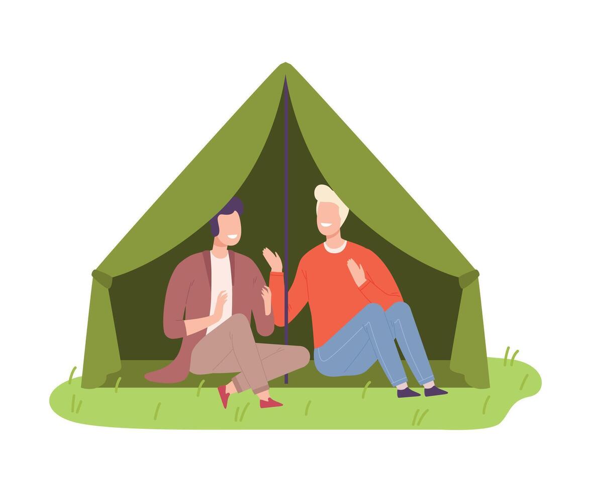 Young Men Camper Sitting Under Tent and Talking Illustration vector