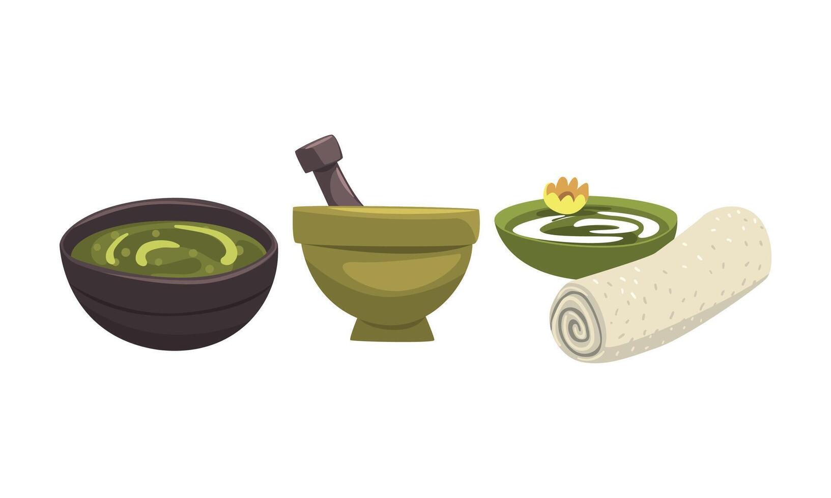 Bowls with Aromatic Massage Oil and Towel for Spa Treatment Set vector