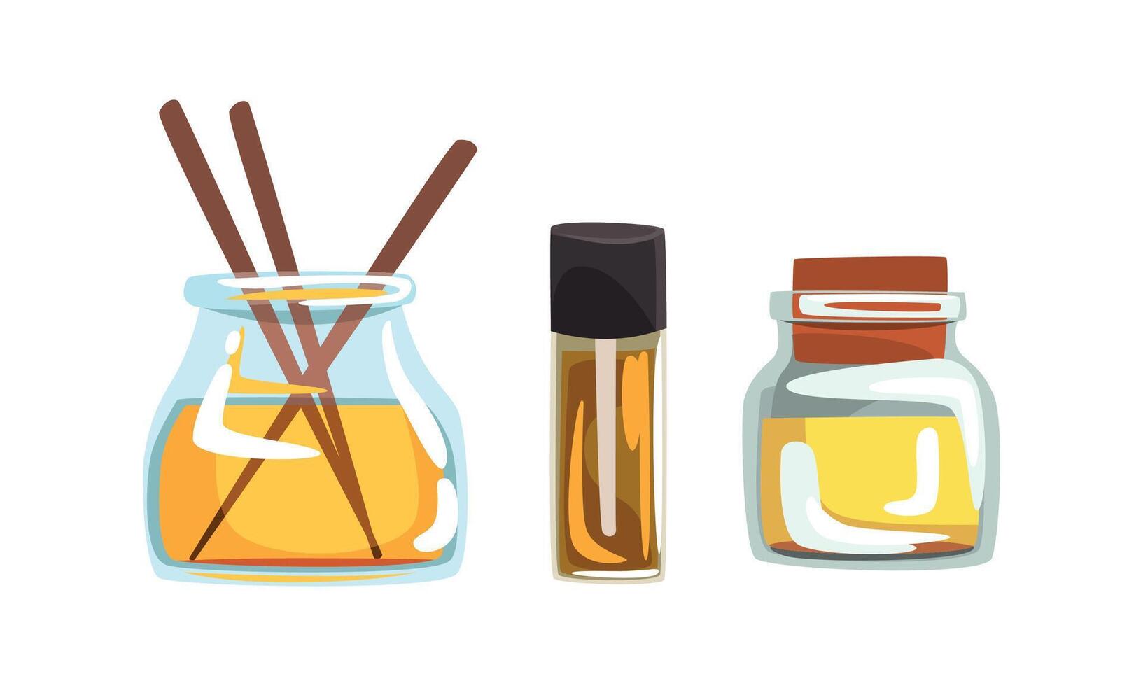 Aromatic Oil Glass Jars and Stick for Spa Treatment Set vector