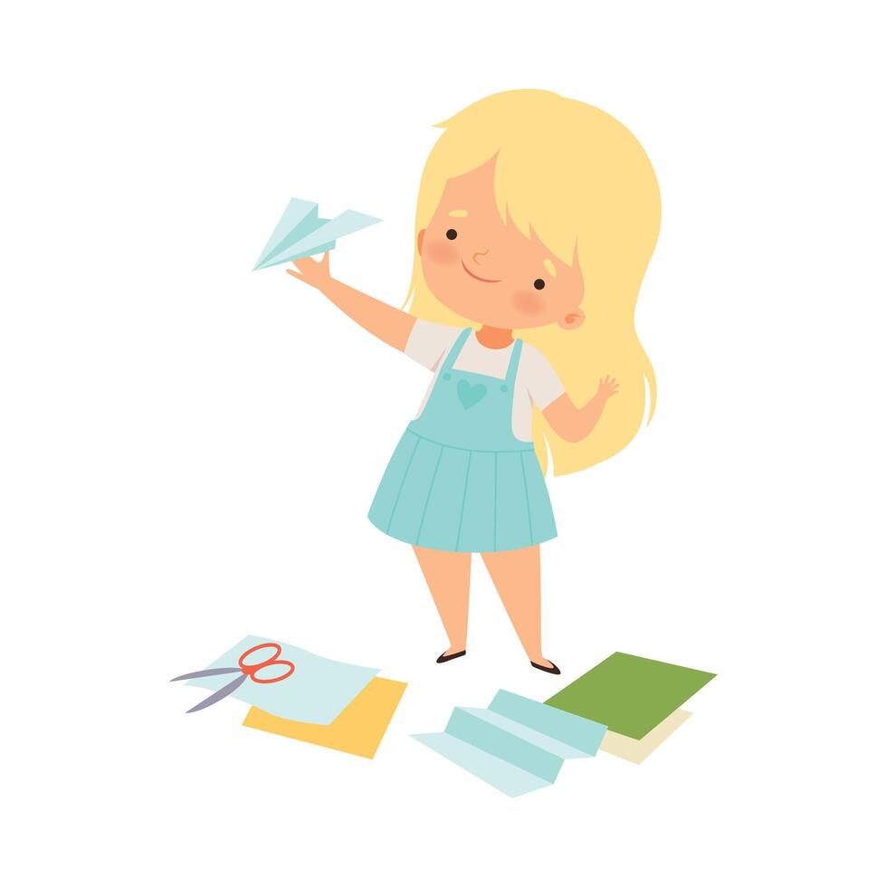 Little Girl Showing Handcrafted Paper Plane Illustration vector