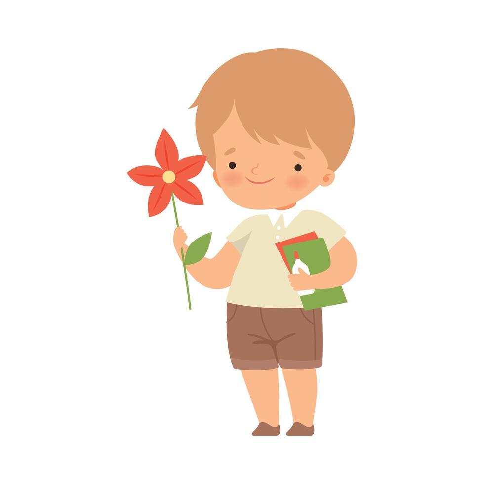 Little Boy Showing Handcrafted Paper Flower Illustration vector
