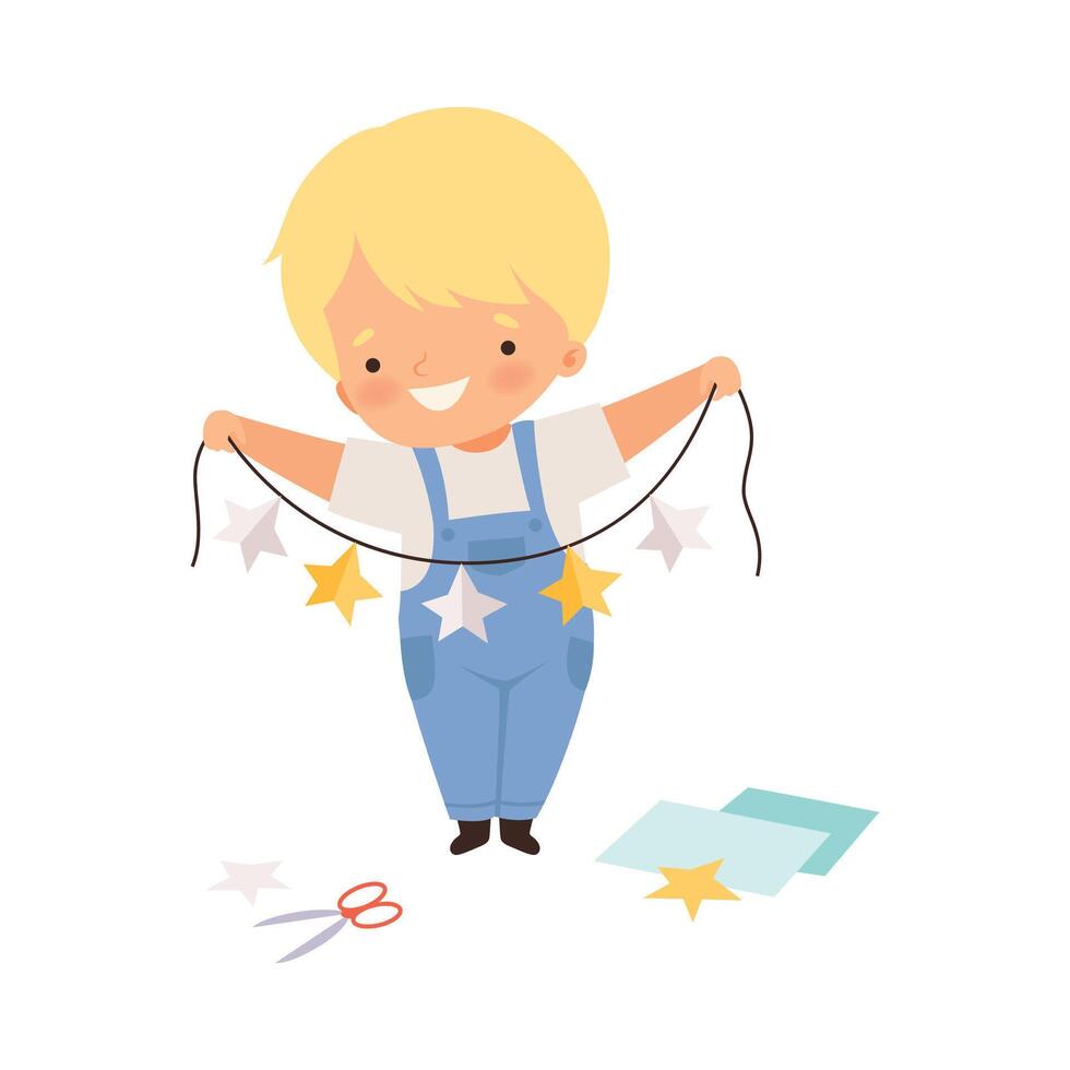Smiling Boy Holding Made from Paper Star Garland Illustration vector