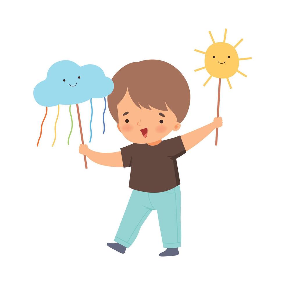 Little Boy Showing Handcrafted Paper Cloud and Sun Illustration vector