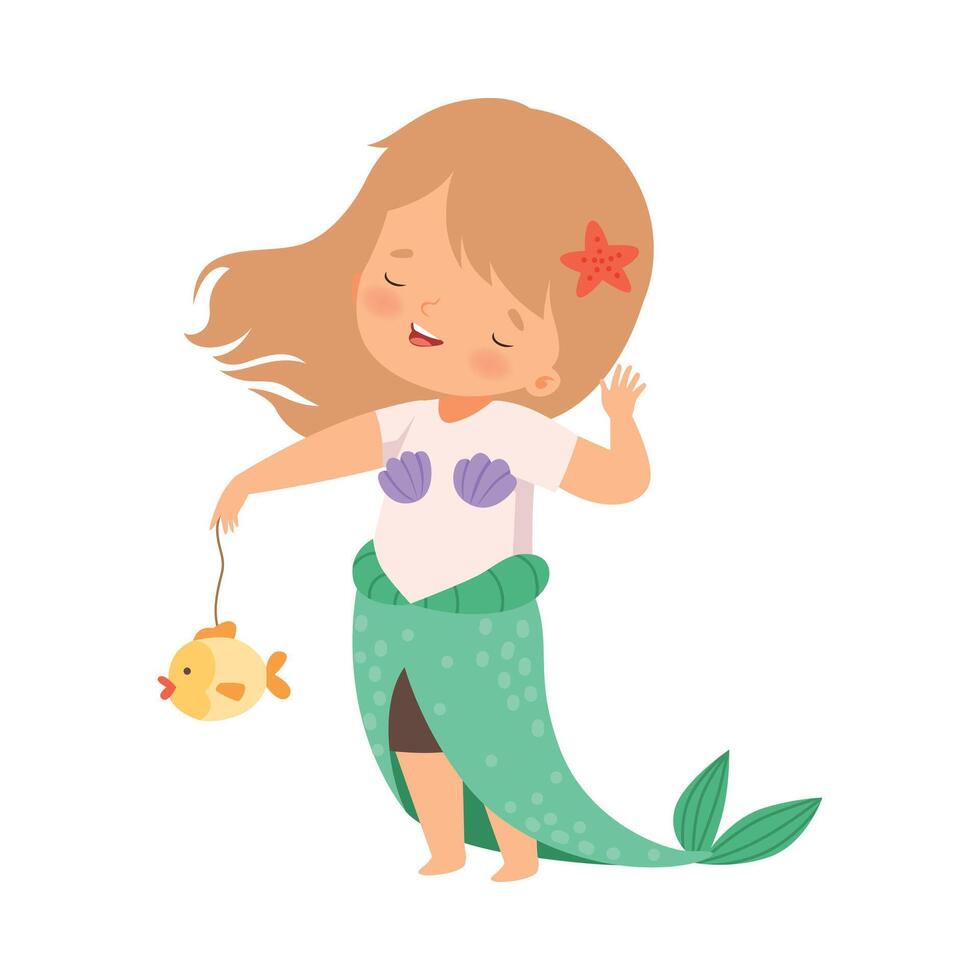Cheerful Girl Dressed in Mermaid Costume Showing Handcrafted Paper Fish Illustration vector