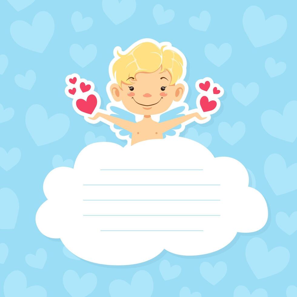 Cute Baby Angel on Cloud with Space for Text, Adorable Little Cupid in Heaven with Hearts in his Hands Style Illustration. vector