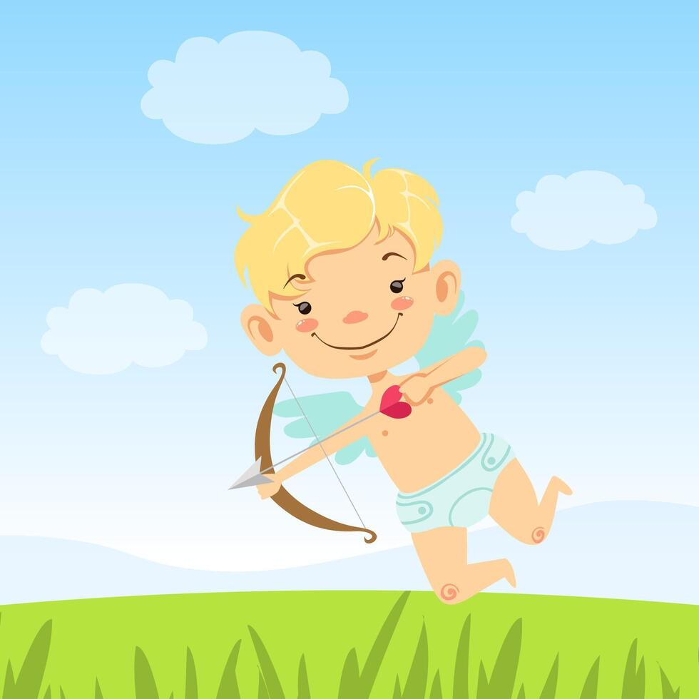 Cupid Baby Boy Angel Flying and Shooting with Bow on Green Meadow, Adorable Cupid Character Illustration. vector