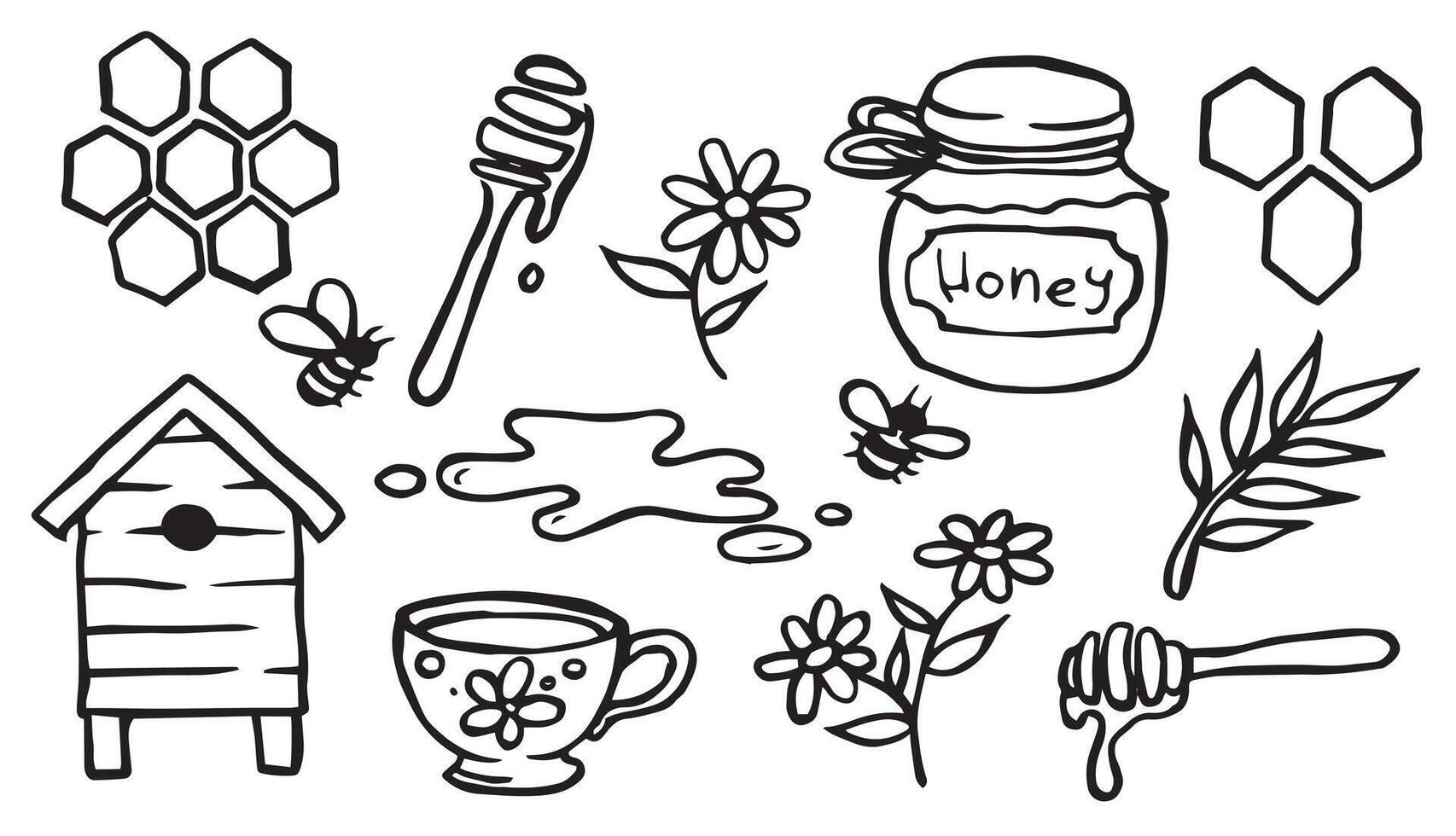 set with homemade honey, beekeeping. cute doodle illustrations vector