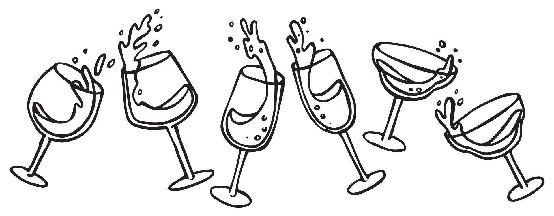 set of festive glasses of champagne, wine. illustration in doodle style. holiday, new year, wedding vector