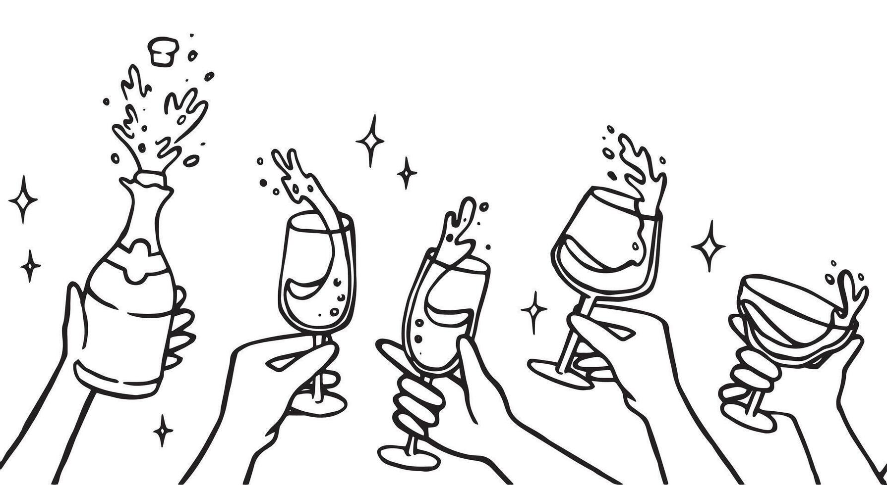 seamless border, hands holding glasses and bottle of champagne. party, new year, wedding. doodle illustration vector