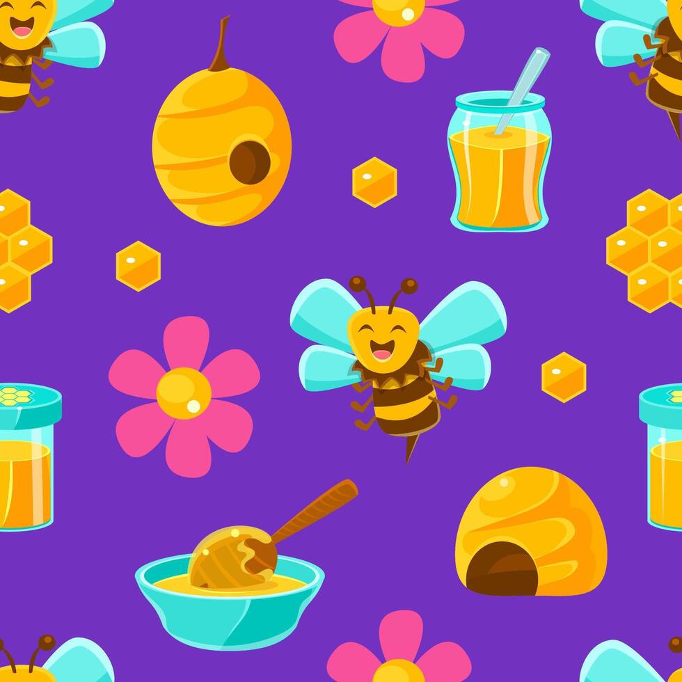 Cute Happy Bees and Beekeeping Products, Textile, Wallpaper, Wrapping Paper, Background Design Cartoon Illustration. vector