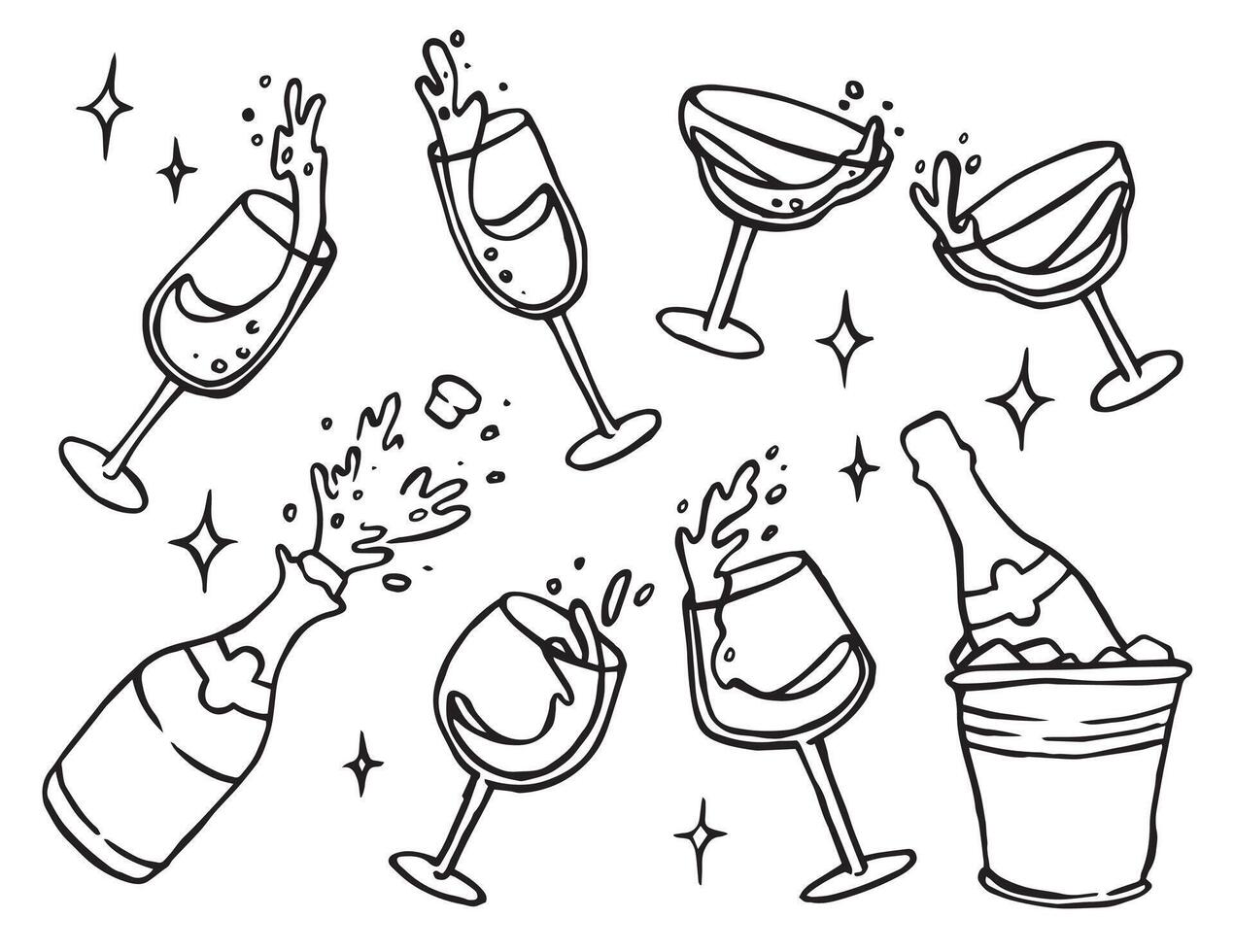 Set of glasses and bottle with champagne, wine. Party, New Year, Wedding. Doodle illustration vector