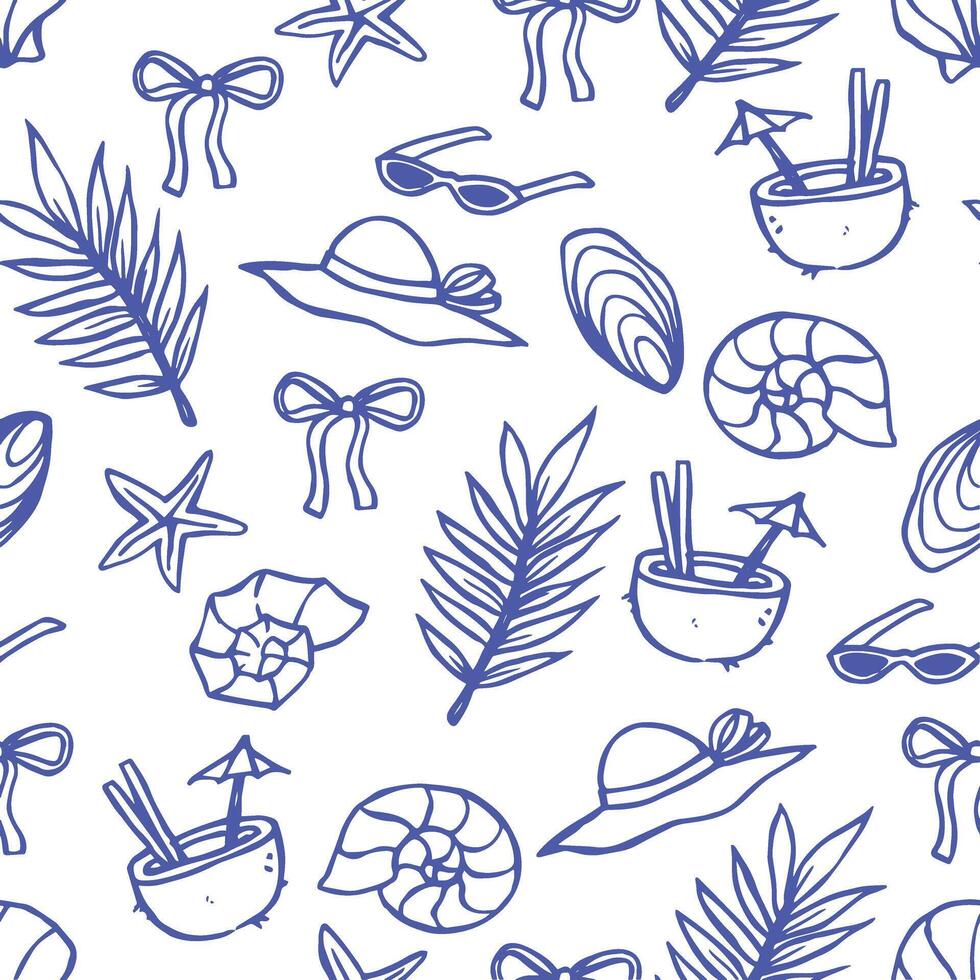 seamless pattern, summer beach holiday. blue doodle print vector