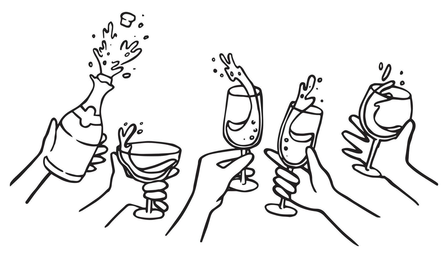 set, hands holding glasses and bottle of champagne. party, new year, wedding, drawing vector