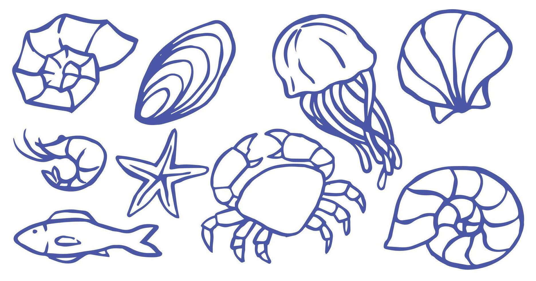 set with sea creatures on the theme of sea holidays. retro collection in doodle style vector