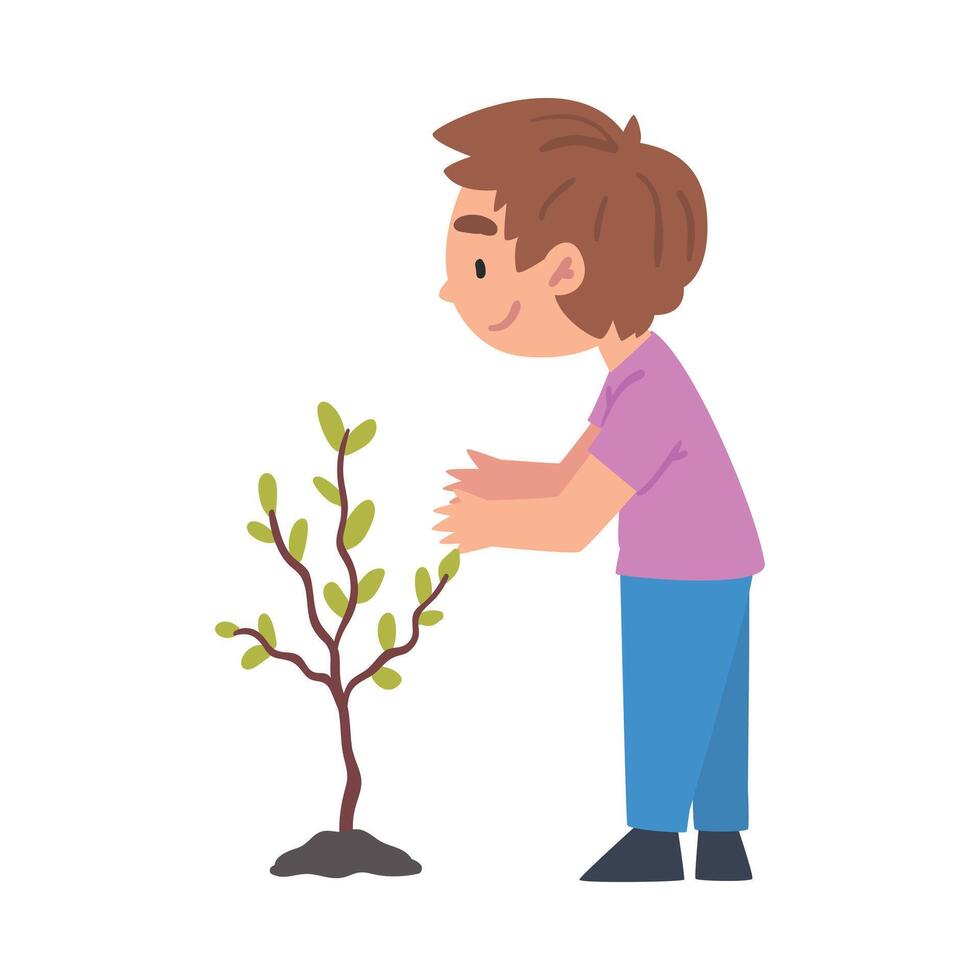 Cute Boy Planting Tree, Child Working in Garden or Taking Care about Planet, Environmental Protection Concept Cartoon Style Illustration vector