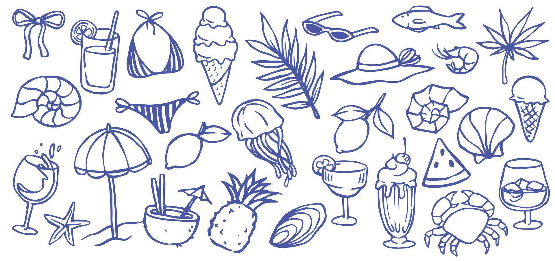 Retro collection on the theme of sea holidays. Doodle illustrations. vector