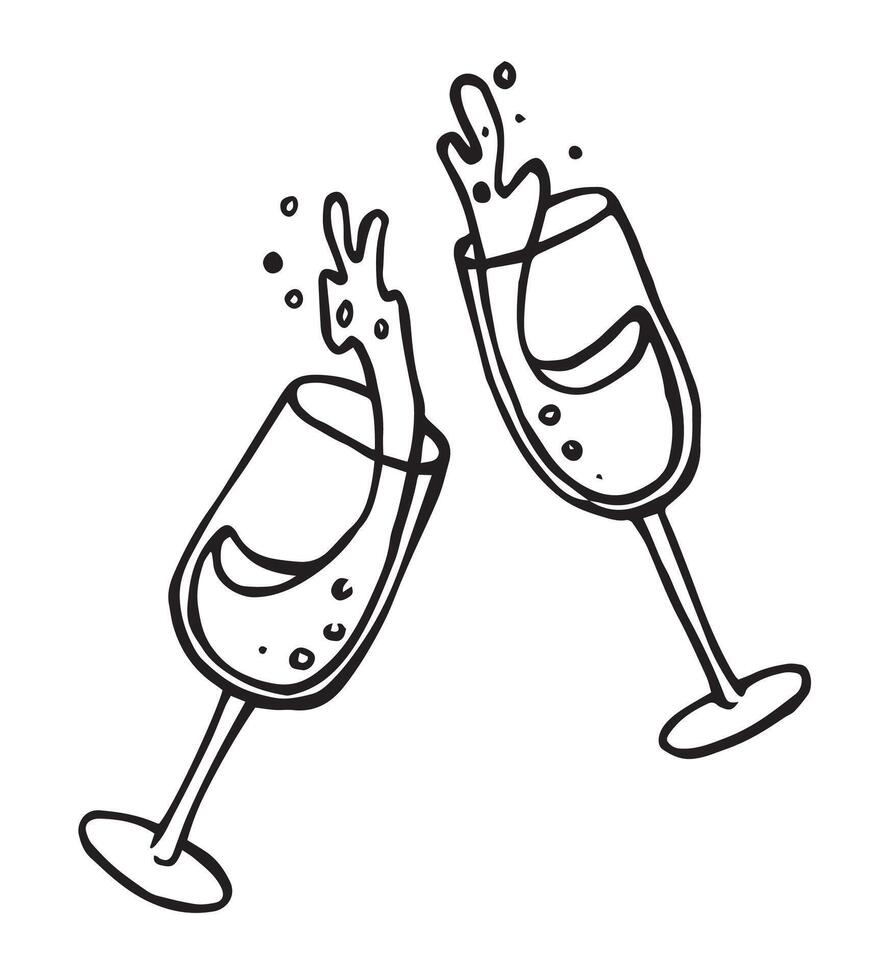festive champagne glasses with splashes. doodle style illustration. celebration, new year, wedding vector