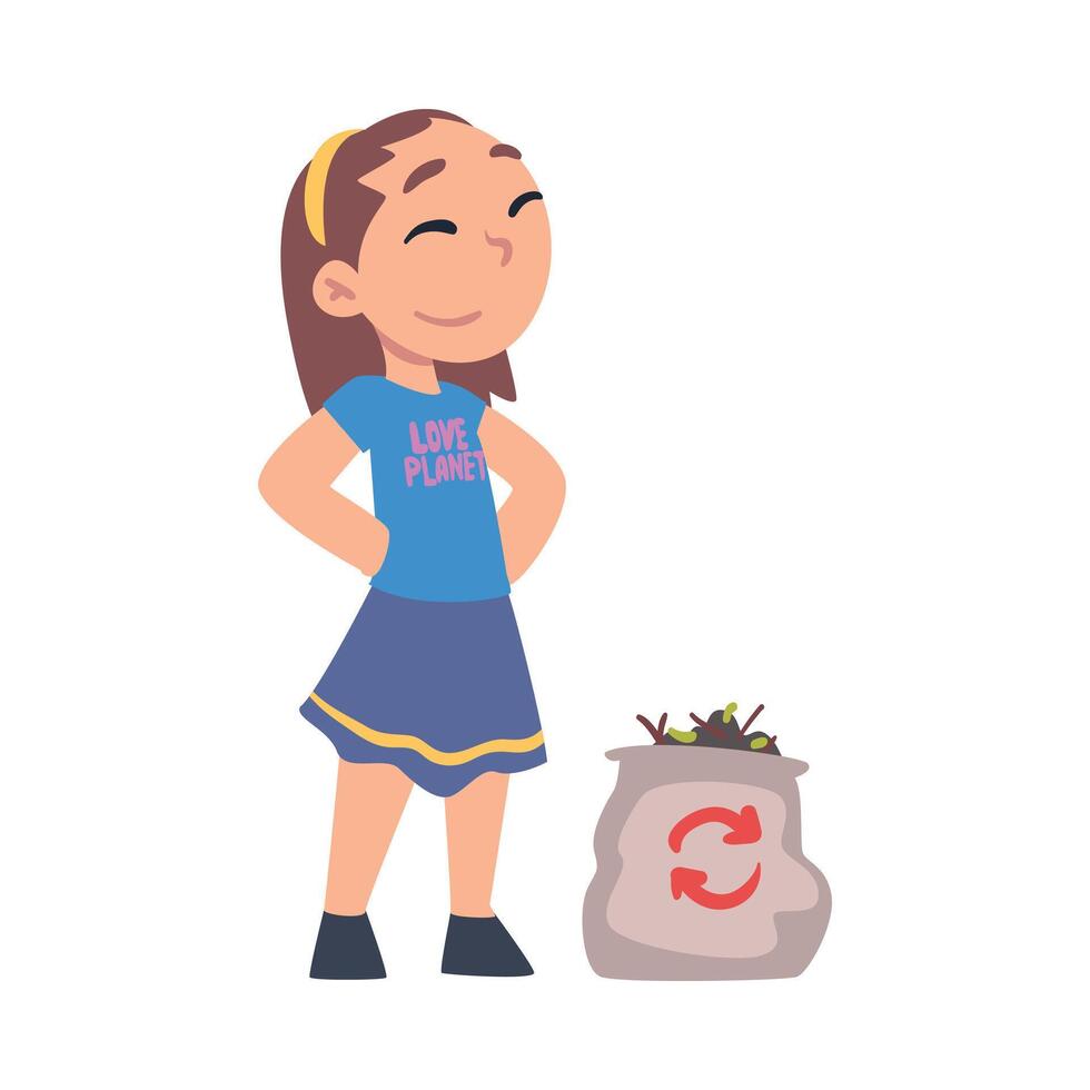 Cute Girl Collecting Garbage for Recycling, Girl Taking Care about Planet, Environmental Protection Concept Cartoon Style Illustration vector
