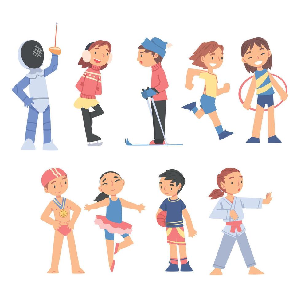 Children Playing Various Sports Set, Boys and Girls Fencing, Skating, Dancing, Swimming, Healthy Lifestyle Concept Cartoon Style Illustration vector