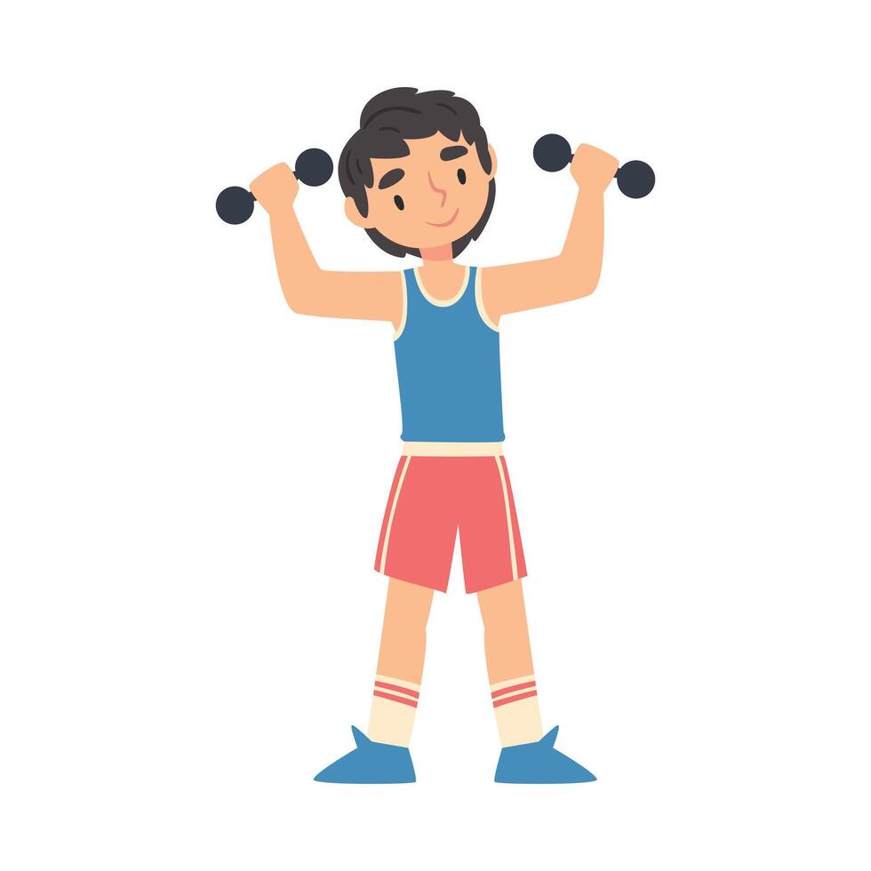 Boy Exercising with Dumbbells, Kid Doing Sports, Healthy Lifestyle Concept Cartoon Style Illustration vector