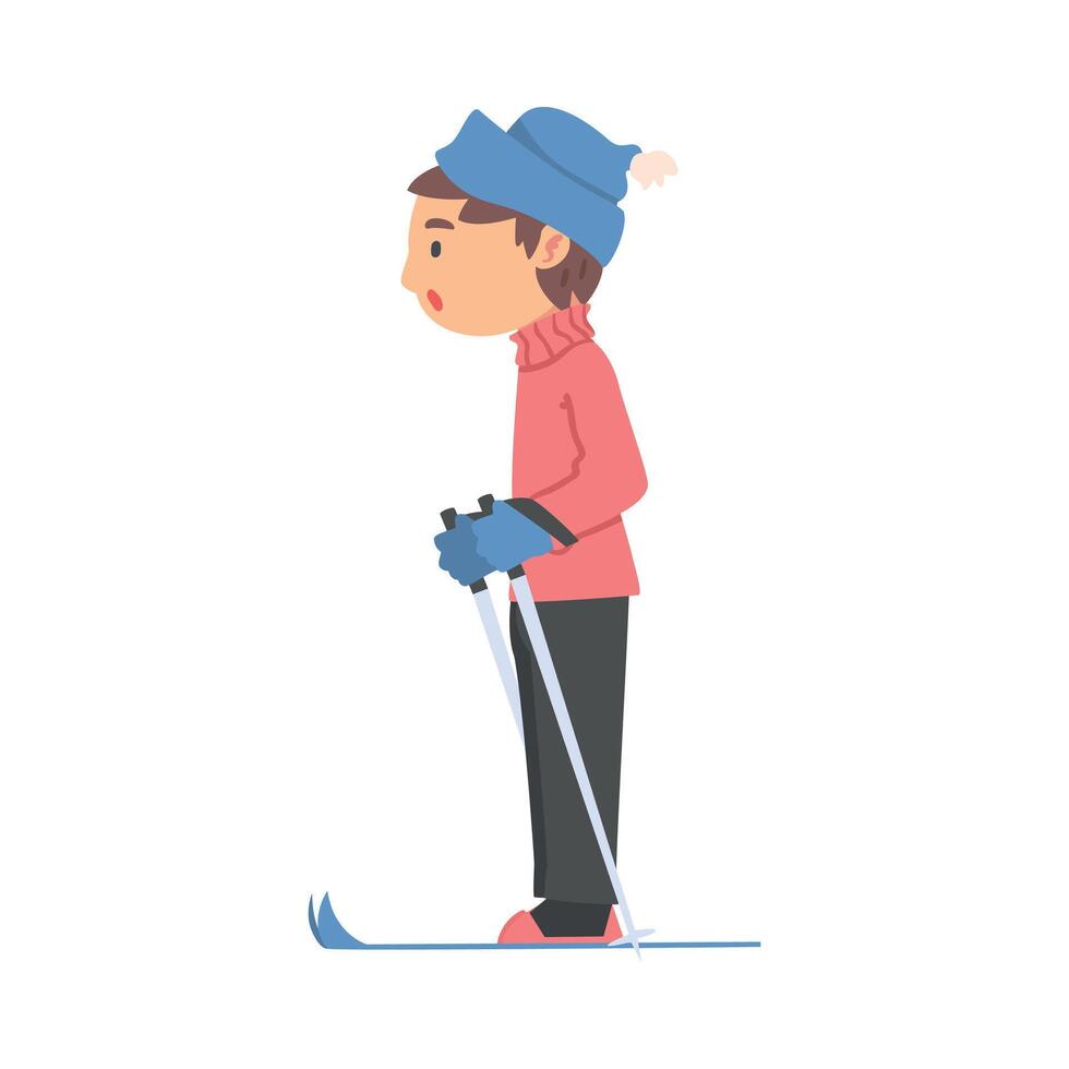 Boy Skiing Wearing Warm Clothes, Kid Doing Winter Sports, Healthy Lifestyle Concept Cartoon Style Illustration vector