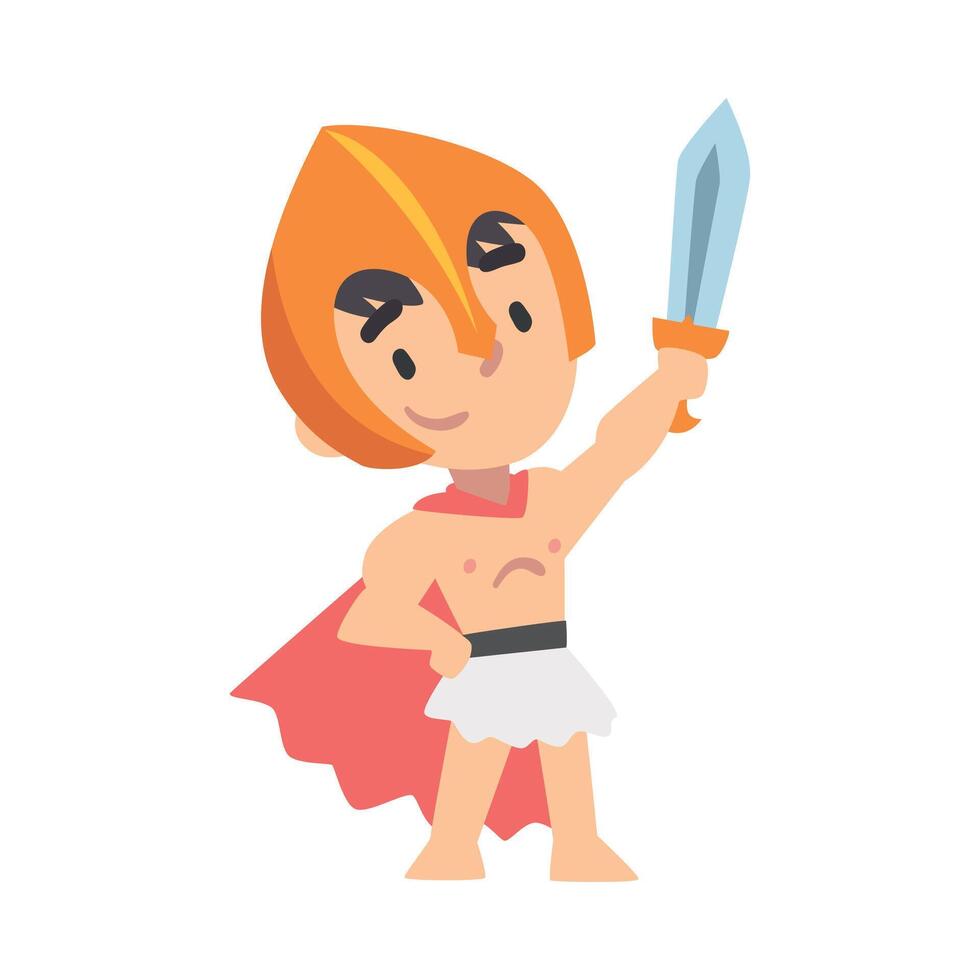 Greek Warrior Boy Character in Armour with Sword Cartoon Style Illustration vector