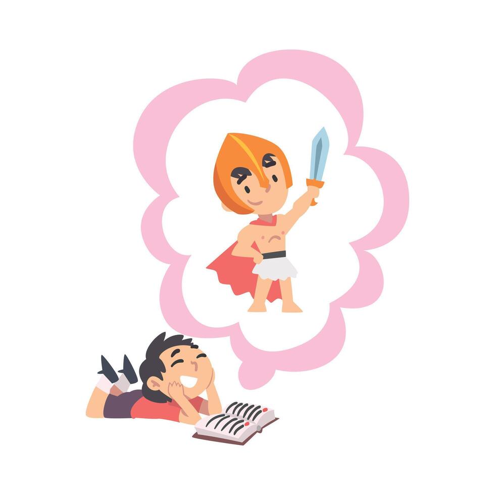 Boy Reading Fairy Tail Fantasy Book about Brave Warrior Kids Imagination Concept, Fairy Tales, Stories, Discoveries Cartoon Style Illustration vector