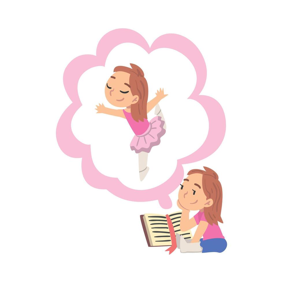 Girl Reading Book about Ballet Dancer, Kids Imagination Concept, Fairy Tales, Stories, Discoveries Cartoon Style Illustration vector