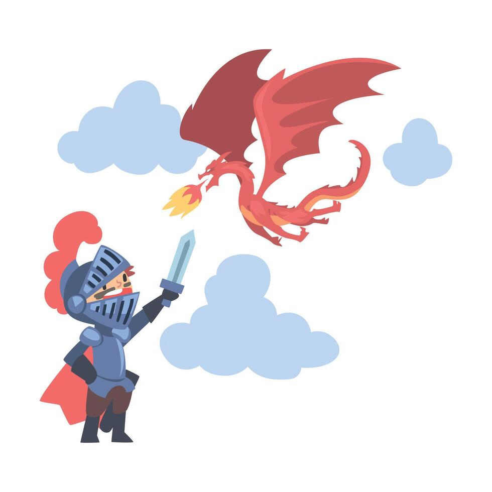 Knight Boy Character in Armour Fighting with Red Dragon with Sword Cartoon Style Illustration vector