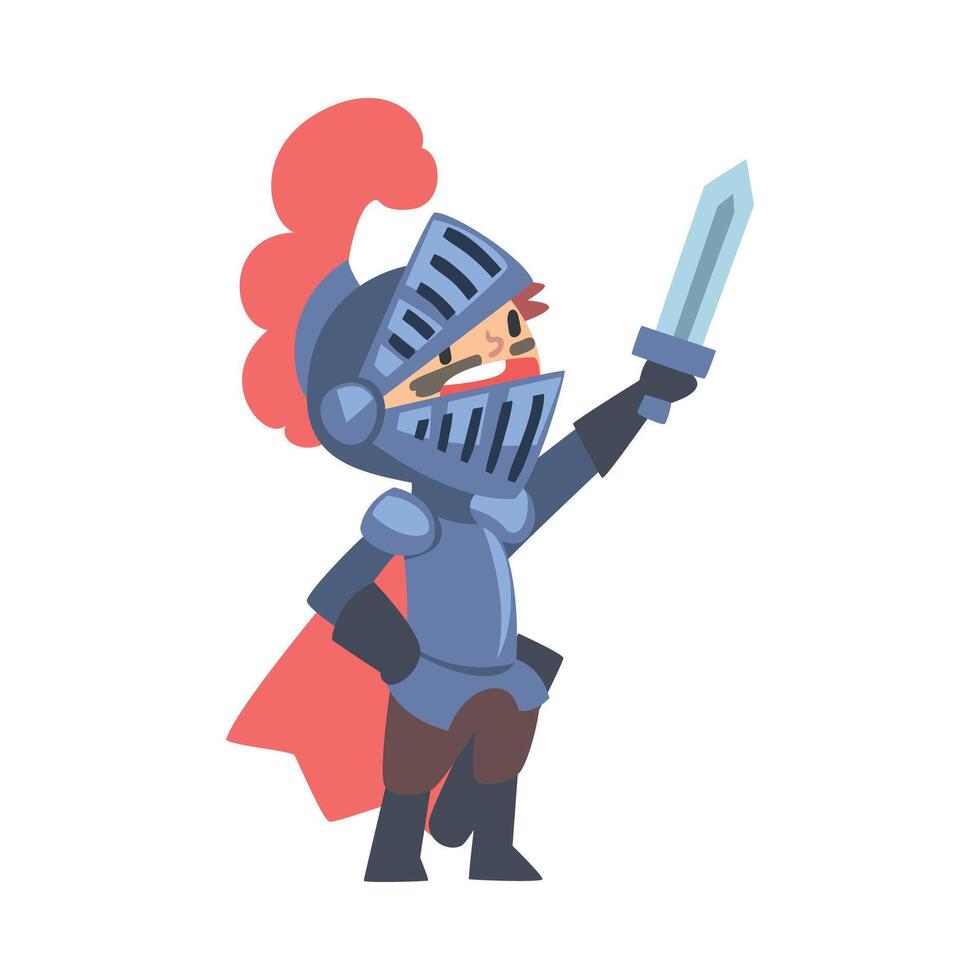 Knight Boy Character in Armour with Sword Cartoon Style Illustration vector