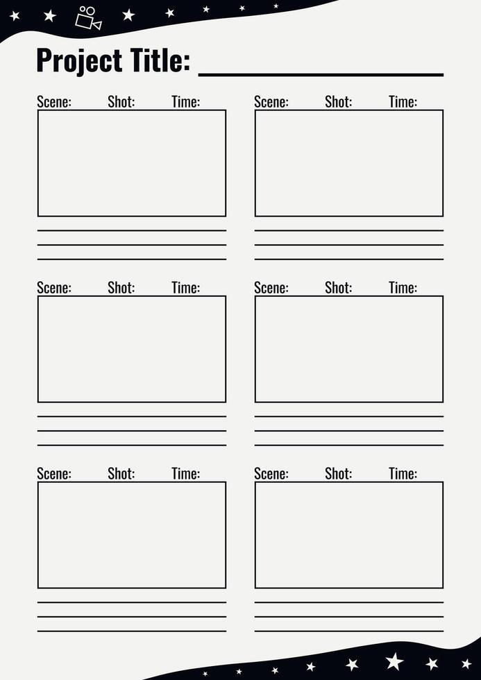 Professional film storyboard. Perfect for Filmmakers, Designers and Animators. Movie storyboard layout, ideal for scene planning. A4 size template for printing vector