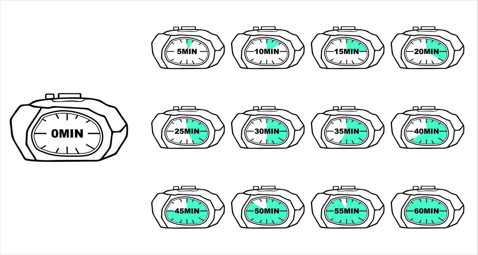 Digital Timer Icons Set Interval Countdown from 0 to 60 Minutes, Workout Interval Timer, Flat Style Countdown Timer Illustration, Minute Progress Clock vector