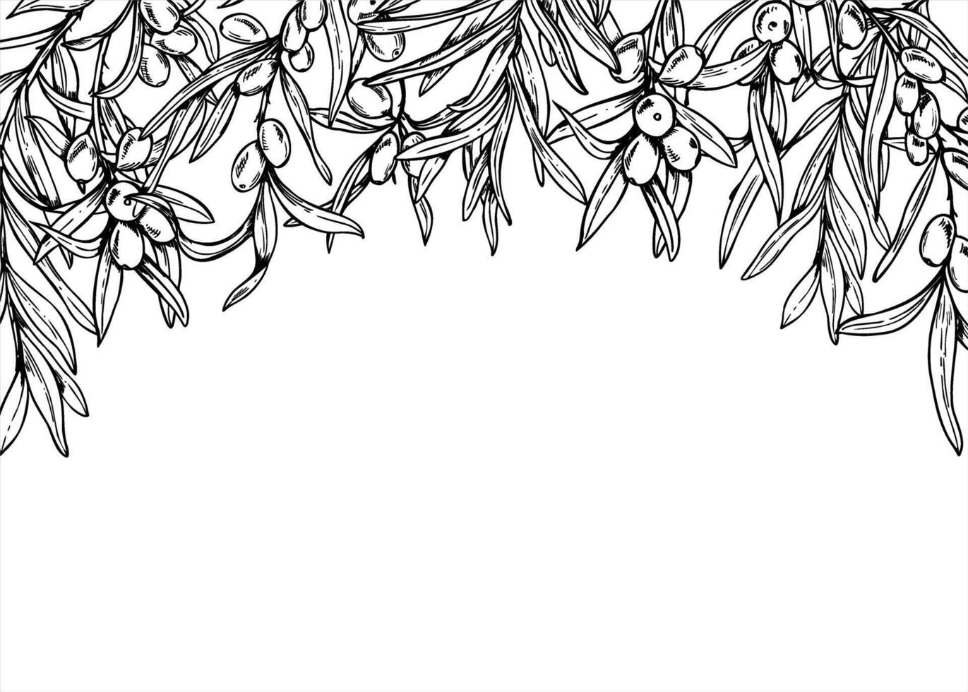 Monochrome sea buckthorn Horizontal rectangular border in linear style. Nordic berries realistic graphic sketch for wedding invitation, cosmetic packaging, menu design, book cover, stationery vector